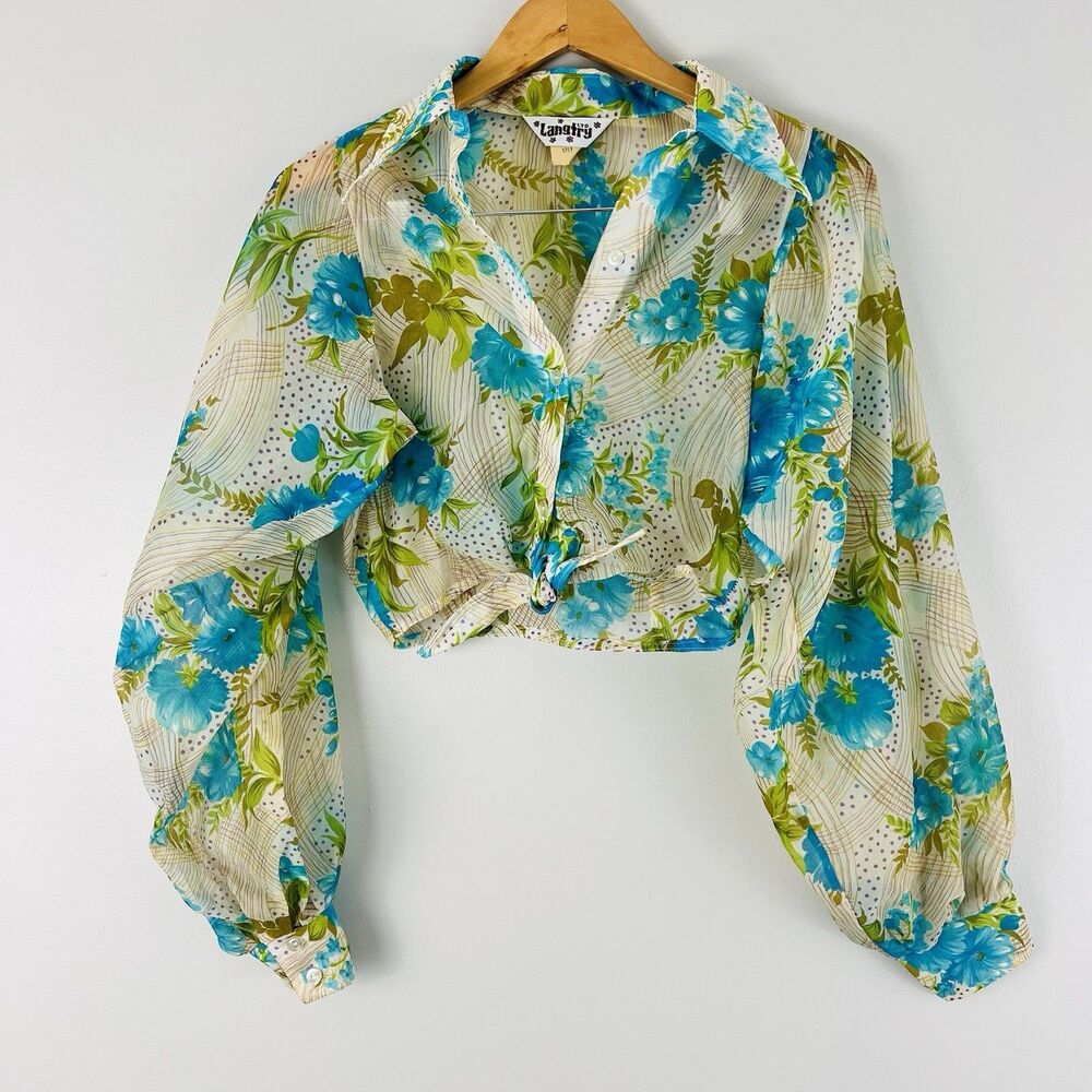 70s Vintage Langtry Sheer Floral Button Down Crop Top